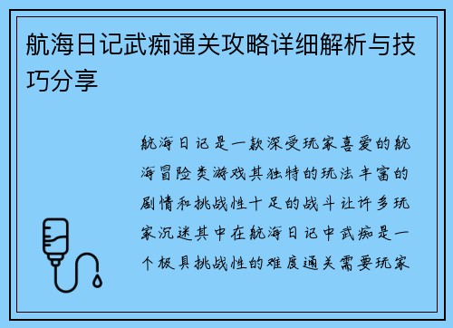 航海日记武痴通关攻略详细解析与技巧分享